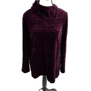 Talbots Womens M Cowl Neck Striped Long Sleeve Velvet Tunic Top Purple Black